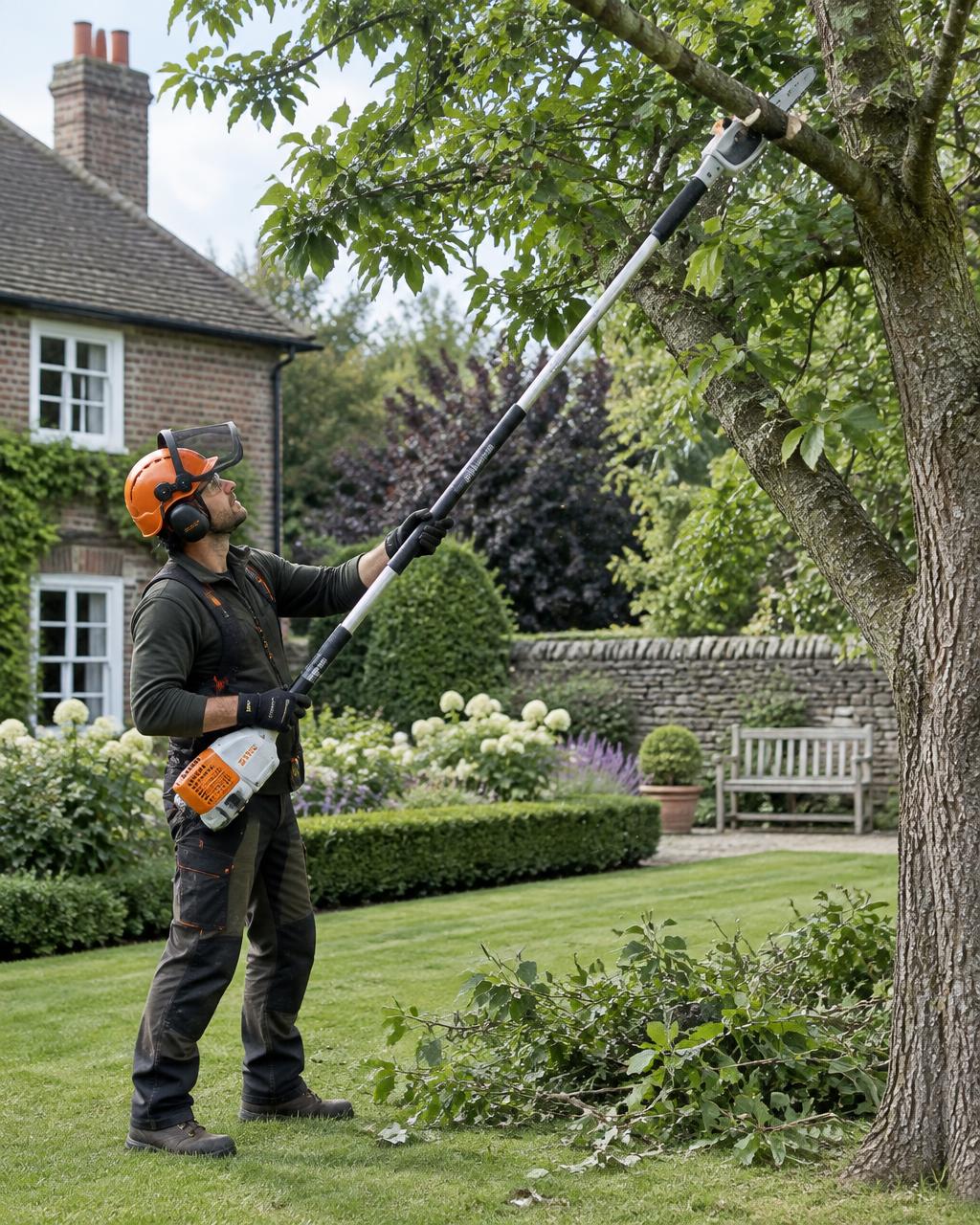 Tree surgeon pruning a garden tree
